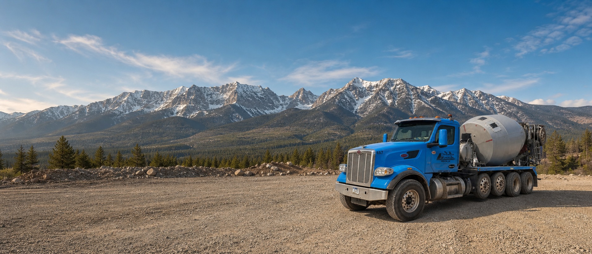 New blue-and-gray Treasure State Concrete, Inc. mixer truck staged beneath Montana mountain peaks